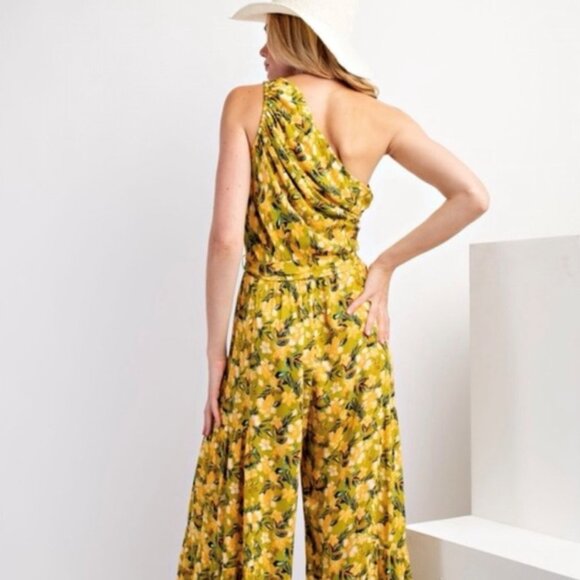 NWT Easel Tropical/Floral one shoulder gauze jumpsuit size M - Picture 3 of 9